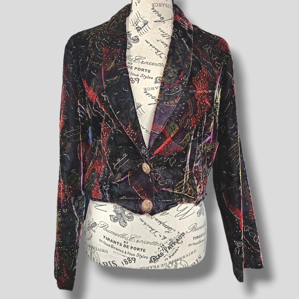 Vtg Rumours Croped Blazer Black Velvet Colorful Metallic‎ women sz Small